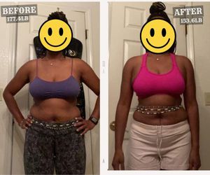Before and after photos of a Boring Fitness client, 177.4 lb to 153.6 lb